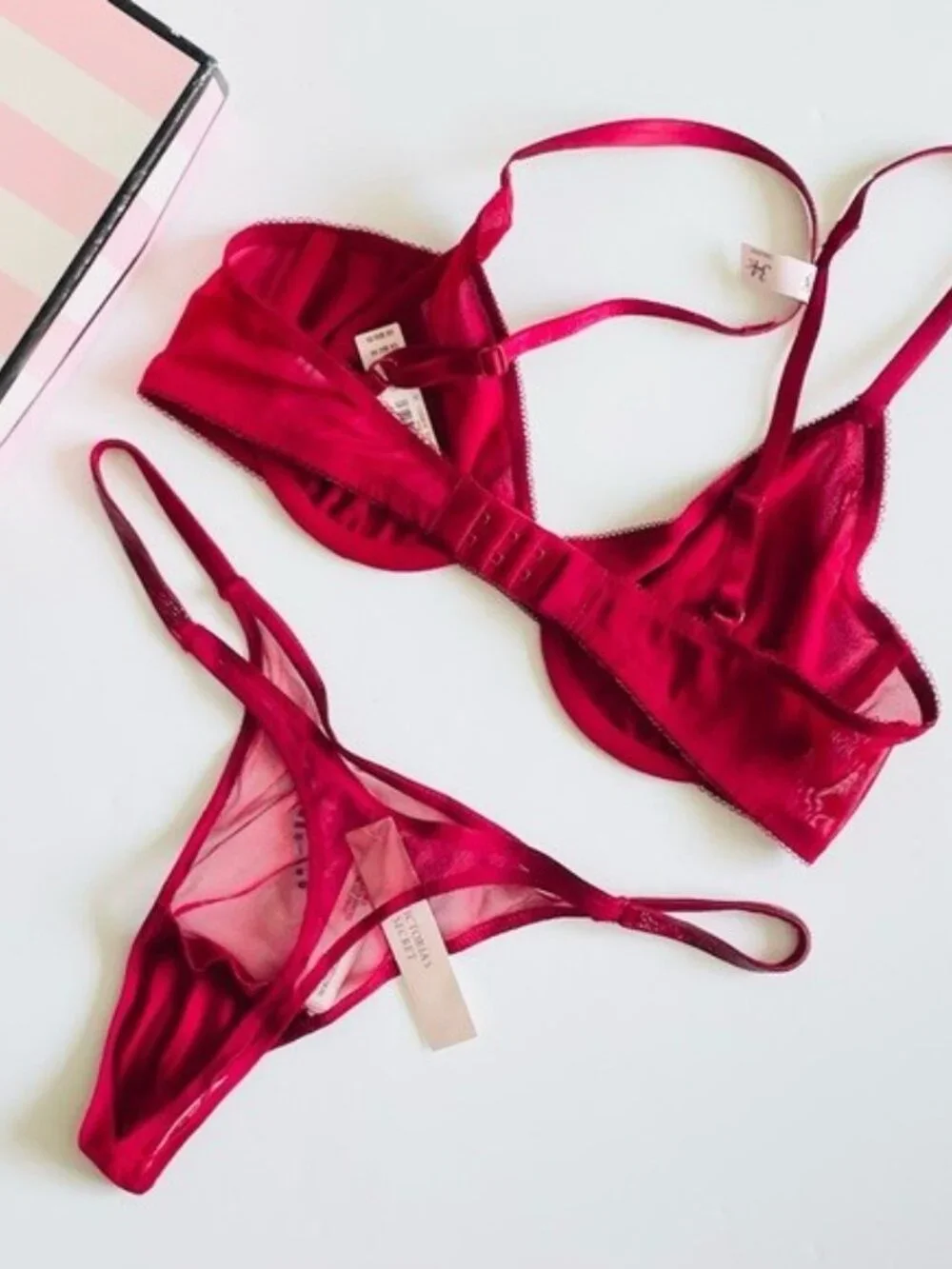34C MEDIUM Victoria’s Secret ruby red heart bling demi bra set thong panties